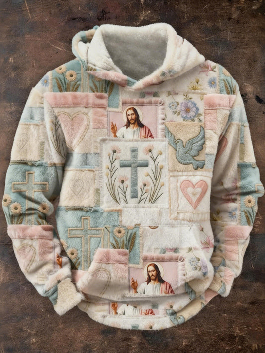Comstylish Christian Patchwork Pattern Vintage Cozy Flannel Hoodie