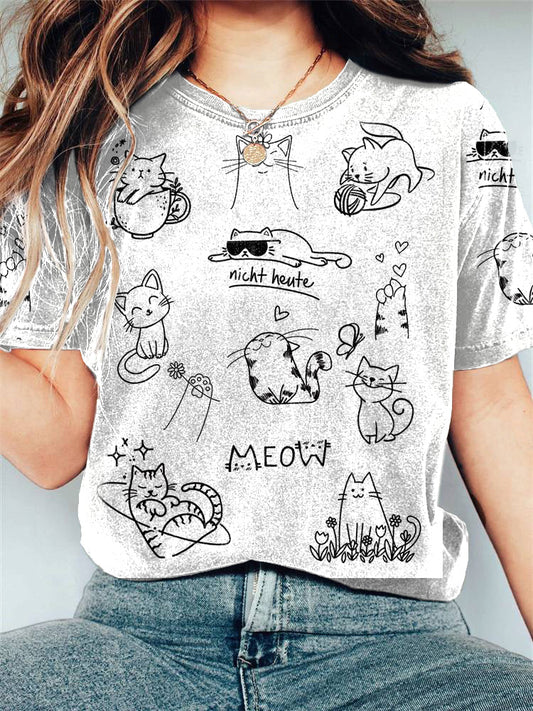 Comstylish Cute Cat Line Art Print Casual Cotton Linen Blend T-Shirt