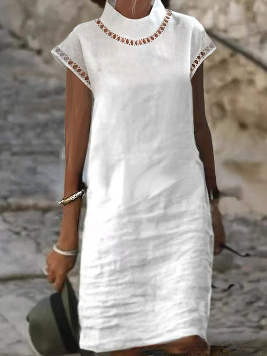 Solid Women's Short Sleeve Cotton Hemp Casual Dress