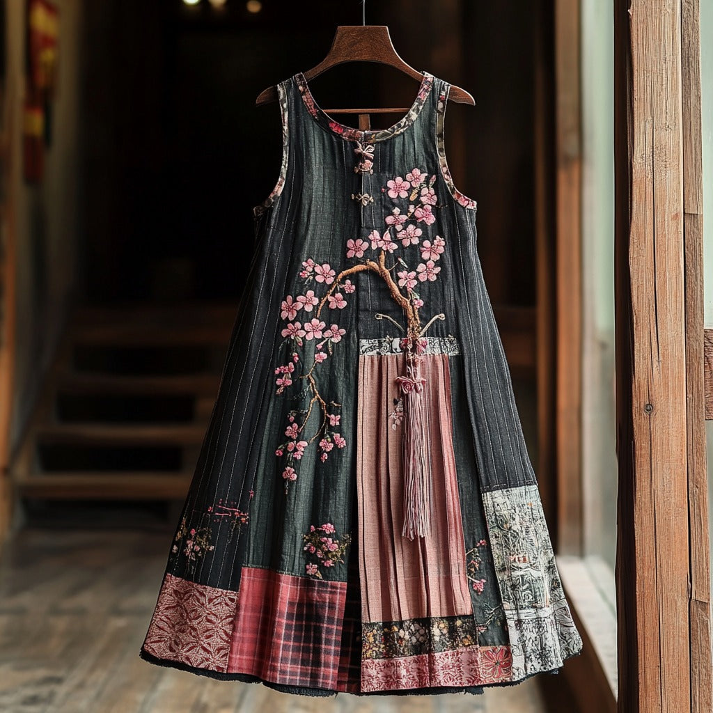 Comstylish Women's Cherry Blossom Embroidery Patchwork Art Linen Tank Dress