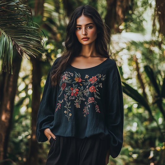 Bohemian Floral Embroidered Linen Crew Neck Shirt artswardrobe