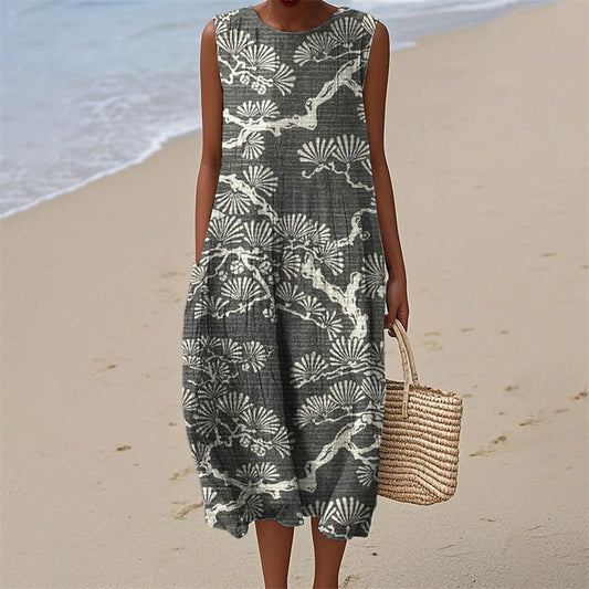 Comstylish Pine Trees Japanese Lino Pattern Flowy Linen Tank Dress
