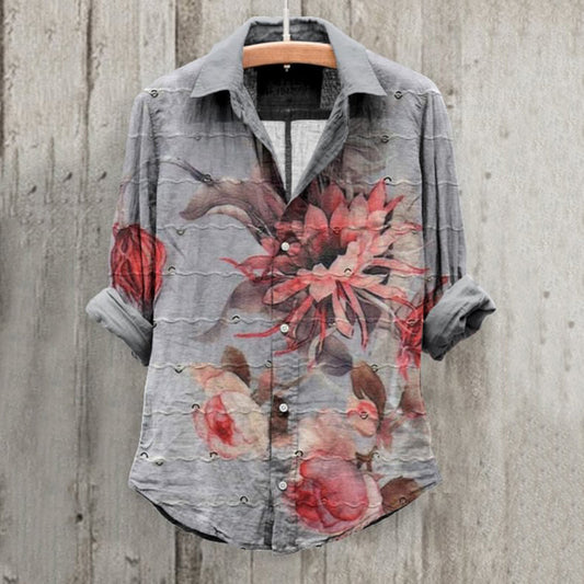 Comstylish Floral Art Print Long Sleeve Cotton And Linen Shirt