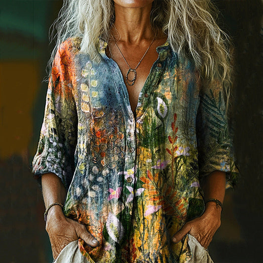 Comstylish Women's Bohemian Floral Art Linen Shirt