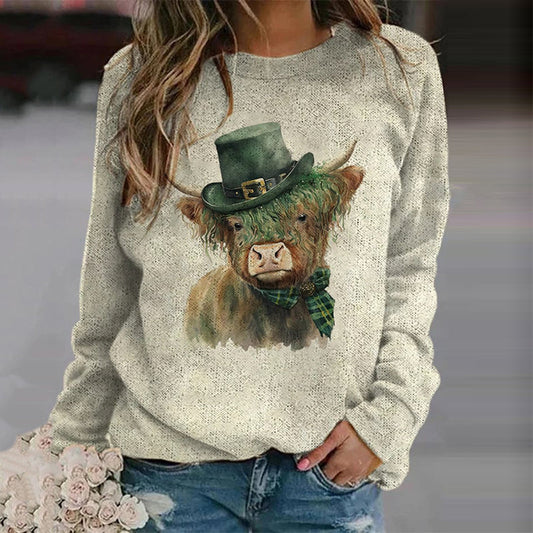 Comstylish Women's St. Patrick's Day Pattern Trefoil Highland Cow Print Sweatshirt