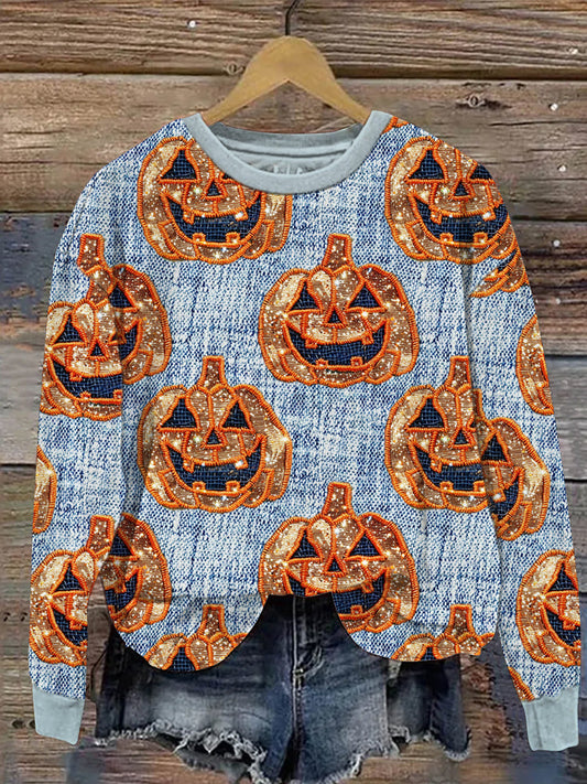 Comstylish Halloween Sequined Pumpkin Casual Sweatshirt