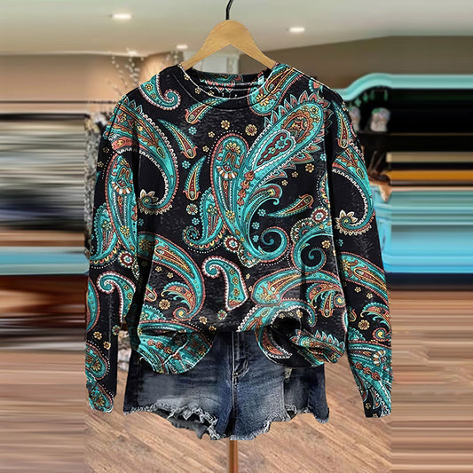 Comstylish Vintage Western Print Crew Neck Long Sleeve Sweatshirt