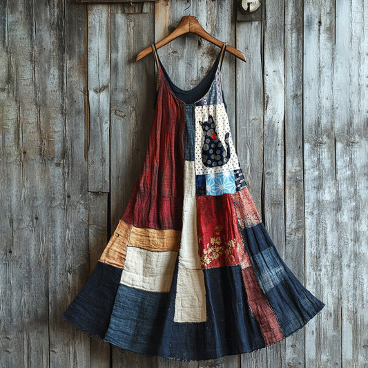 Comstylish Retro Sashiko Cute Cat Patchwork Maxi Dress