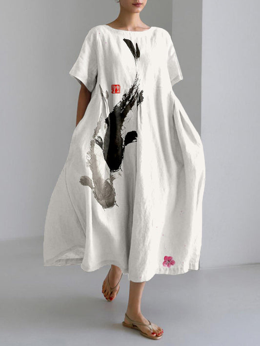 Comstylish Koi Fish Playing With Sakura Flower Art Linen Blend Maxi Dress