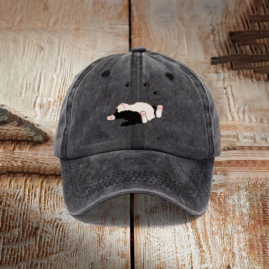 Funny Sleeping Cat Embroidered Washed Hat elevenforest