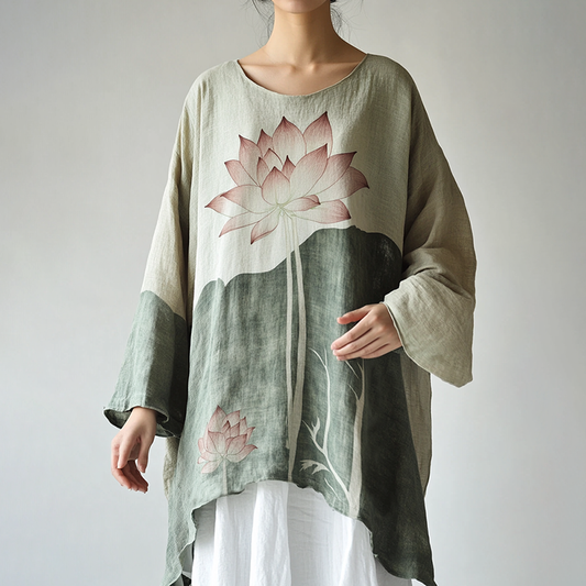 Vintage Classy Floral Lotus Art Linen Blend Tunic artswardrobe