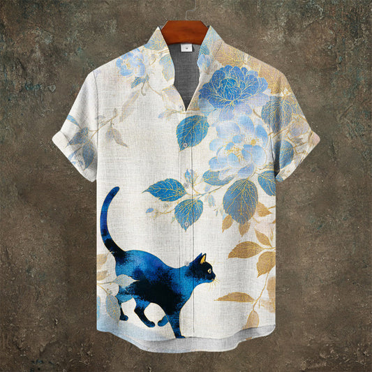 Japanese Cat Watercolor Print Men's Linen Short Sleeve Shirt elevenforest