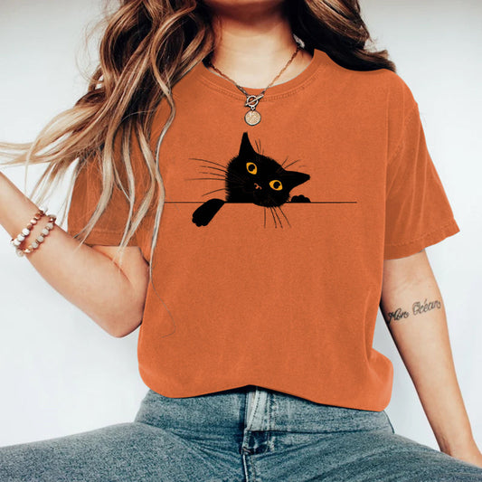Comstylish Women's Abstract Creative Cute Black Cat Art Print T-shirt