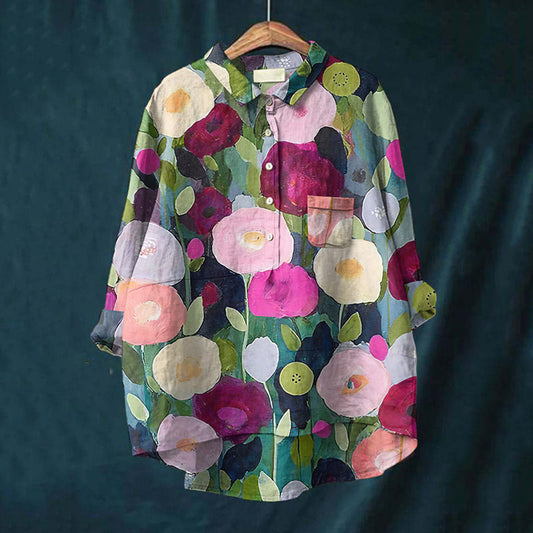 Comstylish Vintage Color Block Floral Art Print Casual Cotton Linen Shirt