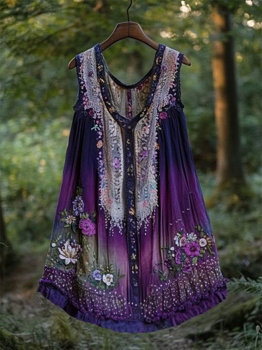 Boho Lavender Art Linen Patchwork Art  Sleeveless Tank Top artswardrobe