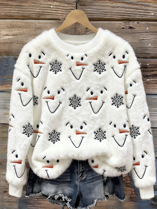 Comstylish Snowman Faces & Snowflakes Embroidered Cozy Plush Sweatshirt