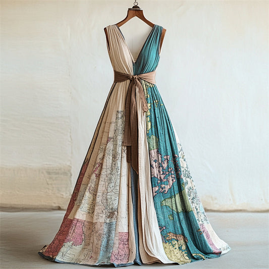 Vintage Map Contrast Patchwork Linen Maxi Dress artswardrobe