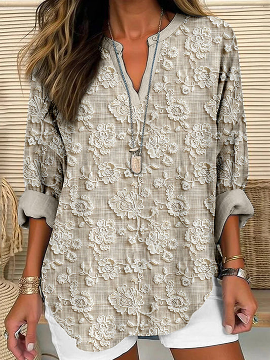 Comstylish Vintage Floral Lace Embroidered Linen Blend Cozy Shirt