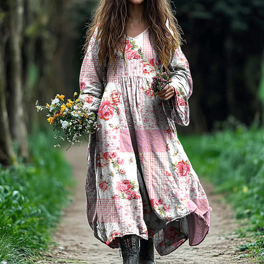 Vintage Floral Art Cotton Linen Comfy Maxi Dress artswardrobe