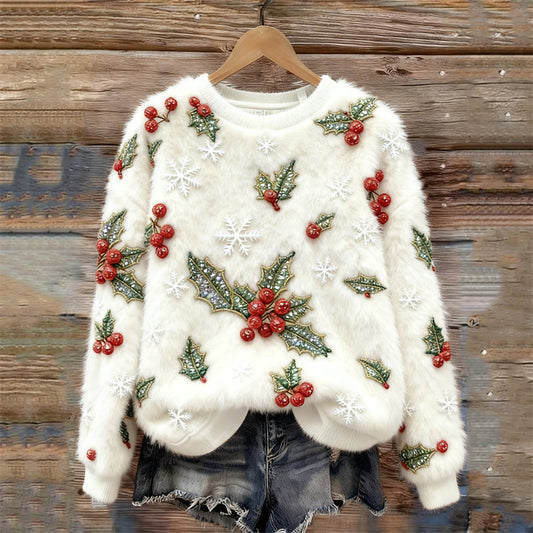 Comstylish Christmas Berries &snowflakes Embroidered Cozy Plush Sweatshirt