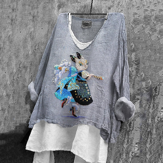Women's Vintage Cute Cat Embroidery Pattern Comfortable Shirt elevenforest