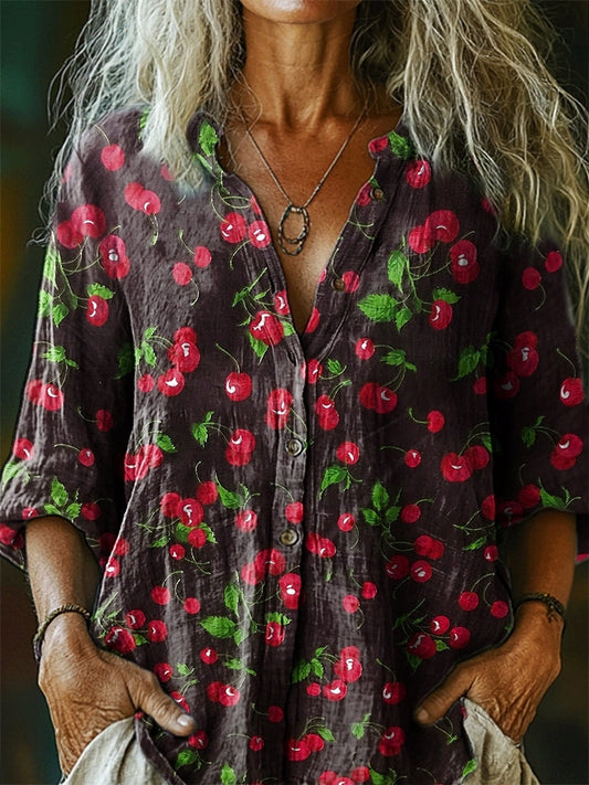 Women's Cherry Pattern Art Print Casual Cotton Linen Shirt