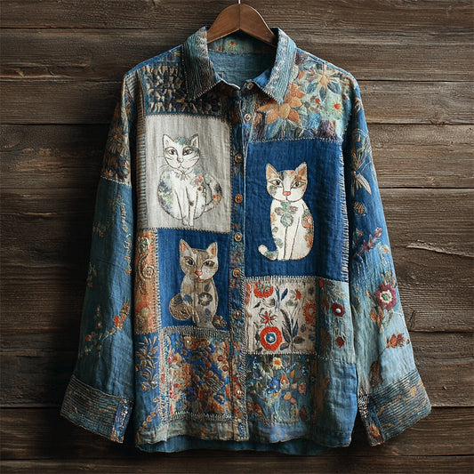 Comstylish Boho Cats & Floral Embroidery Women's Linen Long Sleeve Shirt