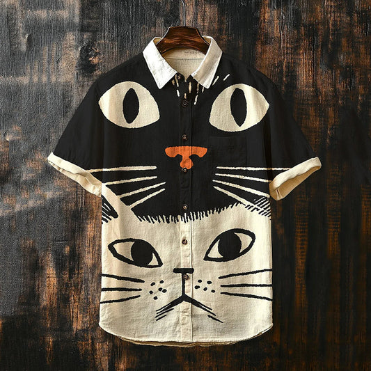 Men's Black And White Cats Art Casual Short Sleeve Shirts elevenforest