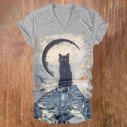 Halloween Vintage Cat Print T-Shirt elevenforest