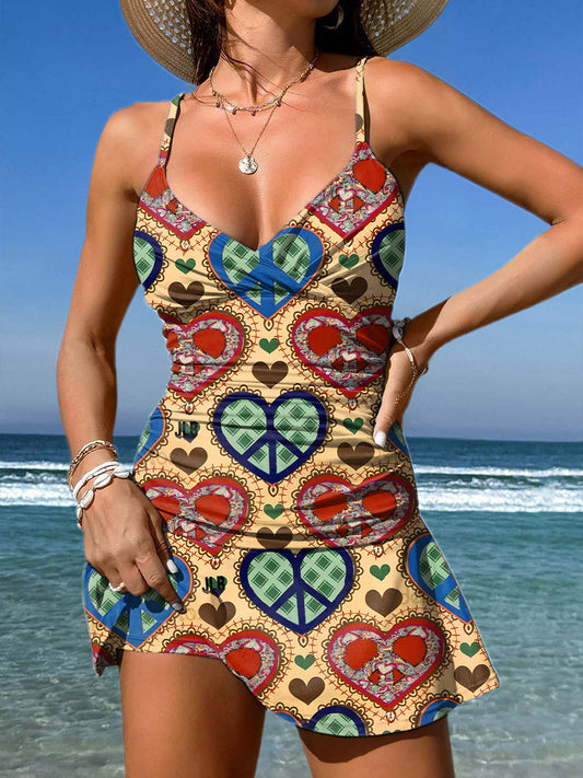 V-Neck Vintage Multicolor Hippie Peace Flower Art Print Suspender Skirt Tankini Pantskirt Set Swimsuit