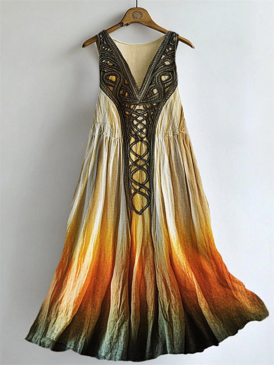 Vintage Celtic Knot Forest Elf Gradient Flowy Linen Dress artswardrobe
