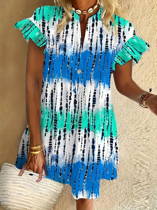 Teal Stripes Ruffled Short-sleeved V-neck Buttoned Dress Vacation Beach Dress