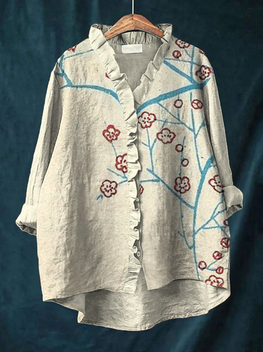 Comstylish Japanese Art Cherry Blossom Print Linen Ruffle Shirt