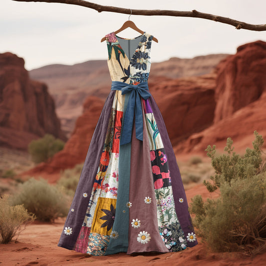 Women's Vintage Bohemia Floral Art Sleeveless Dress artswardrobe