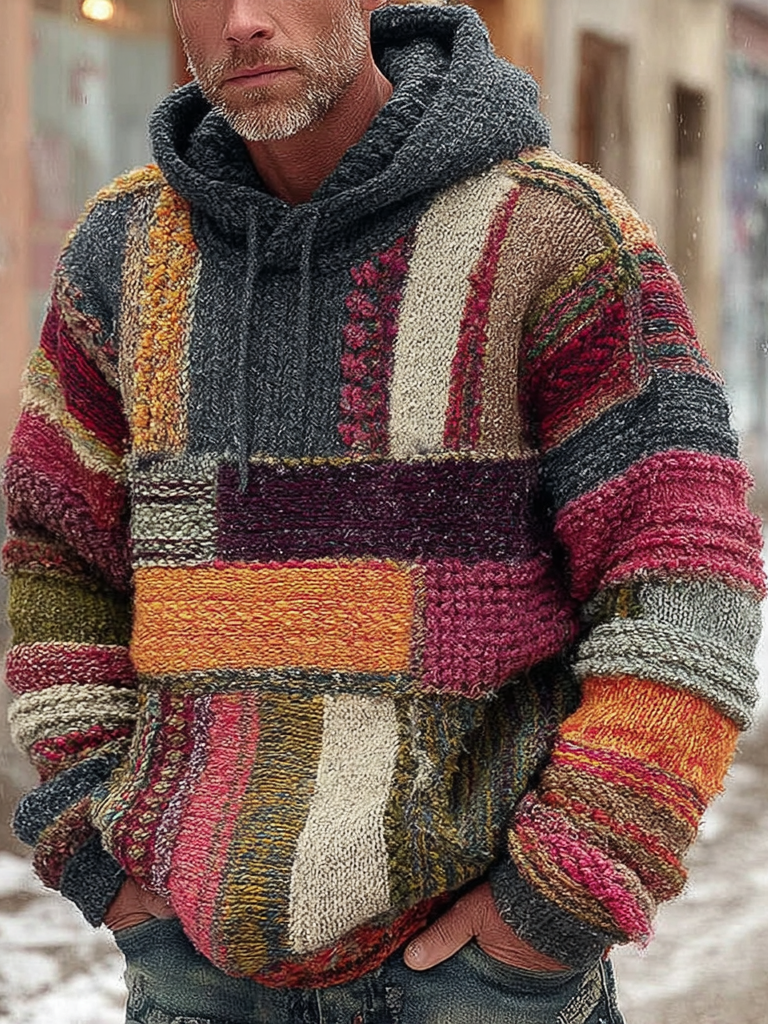 Men's Vintage Colorblock Patchwork Cozy Knit Jacquard Fairman Island Jacquard Thick Warm Hooded Sweater artswardrobe
