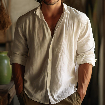 Men's Boho Solid Color Button Casual Linen Shirt artswardrobe
