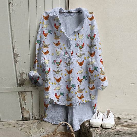 Comstylish Vintage Cute Chicken Art Linen Shirt