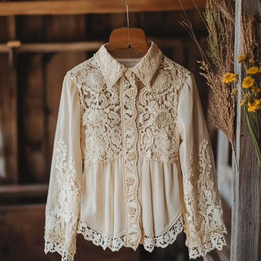Comstylish Women's Retro Lace Floral Embroidery Art Lapel Shirt