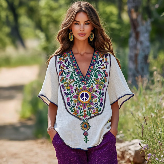Women's Vintage Hippie Peace Symbol Linen T-shirt artswardrobe