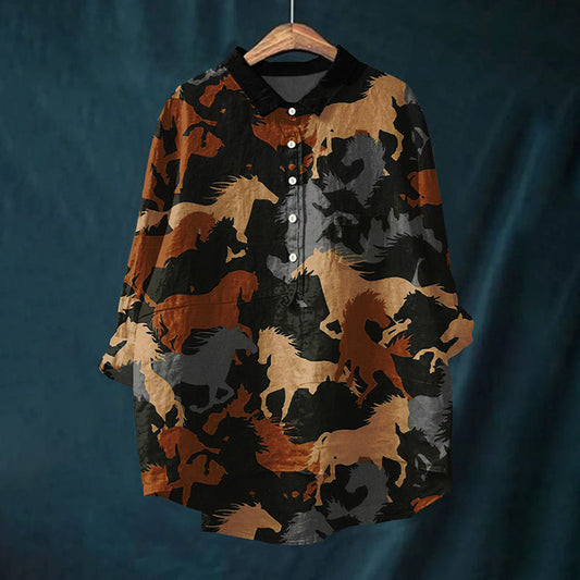 Comstylish Women's Horse Art Print Casual Cotton and Linen Casual Shirt