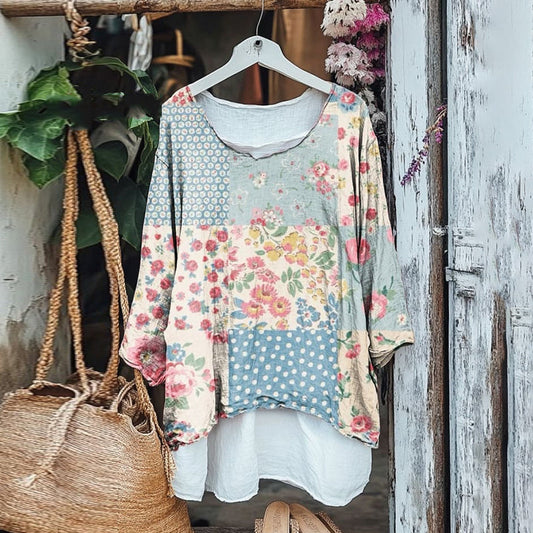 Vintage Spliced ​​floral V-neck Cotton Linen Blouse artswardrobe