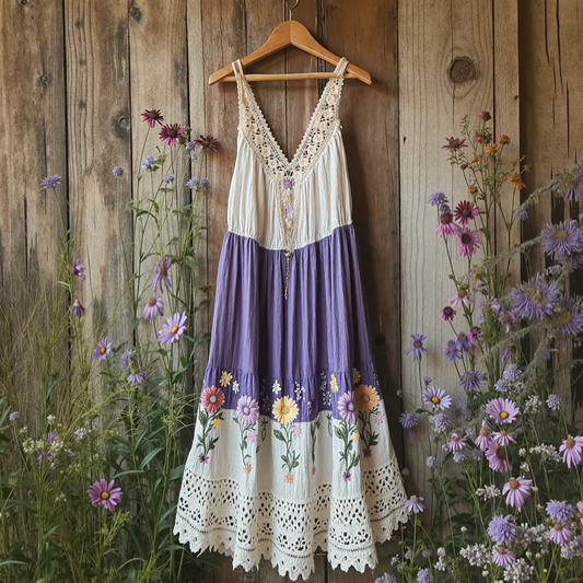 Vintage  Flowers Design Casual V Dress artswardrobe