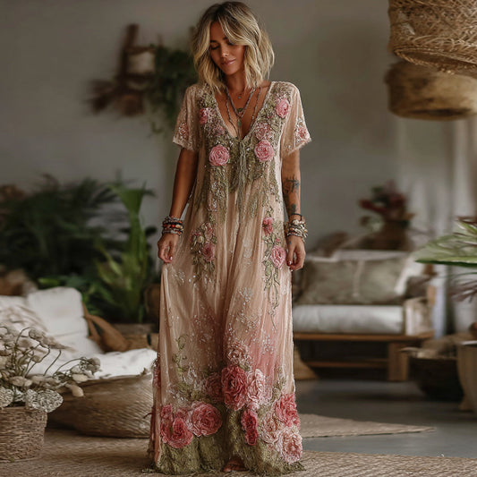 Women's Vintage Floral Embroidery Linen Blend V Neck Maxi Dress artswardrobe