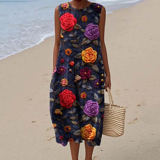 Women's Vintage Floral Art Print Cotton And Linen Dress artswardrobe