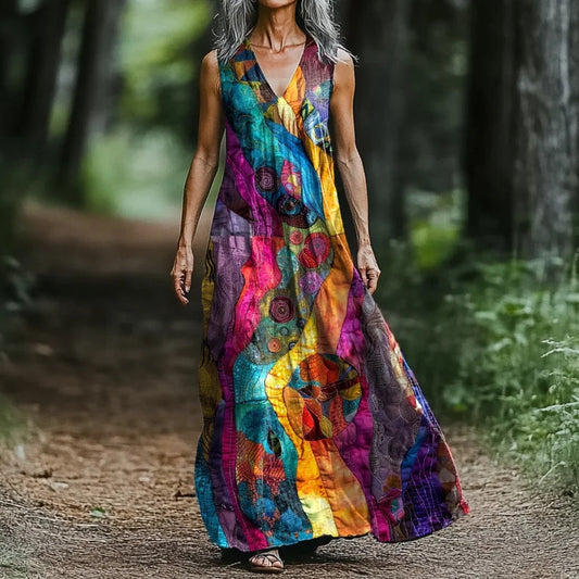 Women's Abstract Rainbow Art Print V-neck Tank Midi Dress artswardrobe