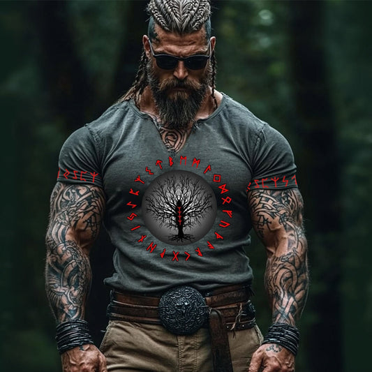 Vintage Viking Tree Of Life Rune Linen V-neck Shirt artswardrobe