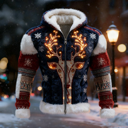 Comstylish Men's Christmas Reindeer Color Block Zipper Ugly Hooded Sweater