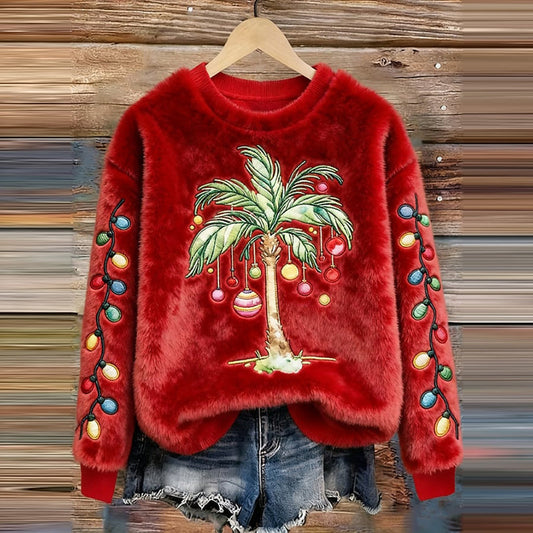 Comstylish Women's Vintage Christmas Palm Tree Print Flannel Sweatshirt