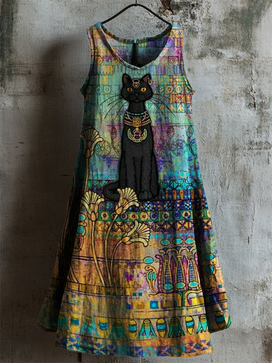 Comstylish Ancient Egyptian Black Cat Art Linen Tank Dress