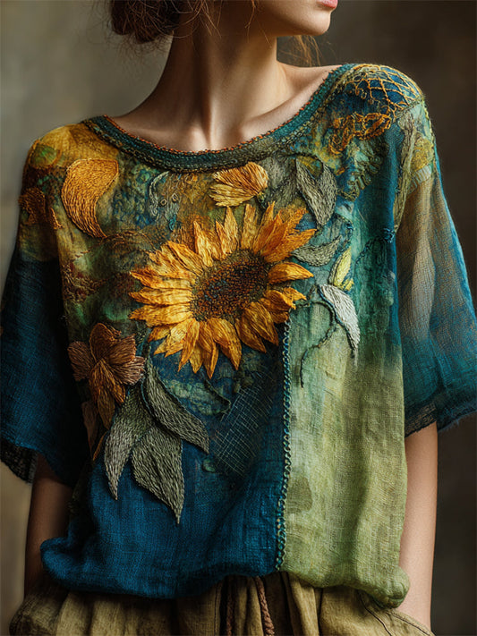 Oil Painting Sunflowers Embroidered Patchwork Linen Tunic